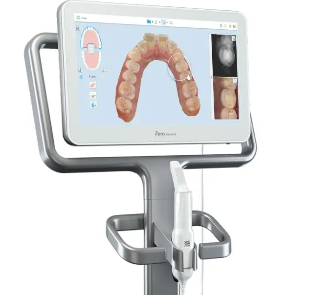 iTERO Element intraoral scanner with its wand and touchscreen displaying a 3-D model of the teeth